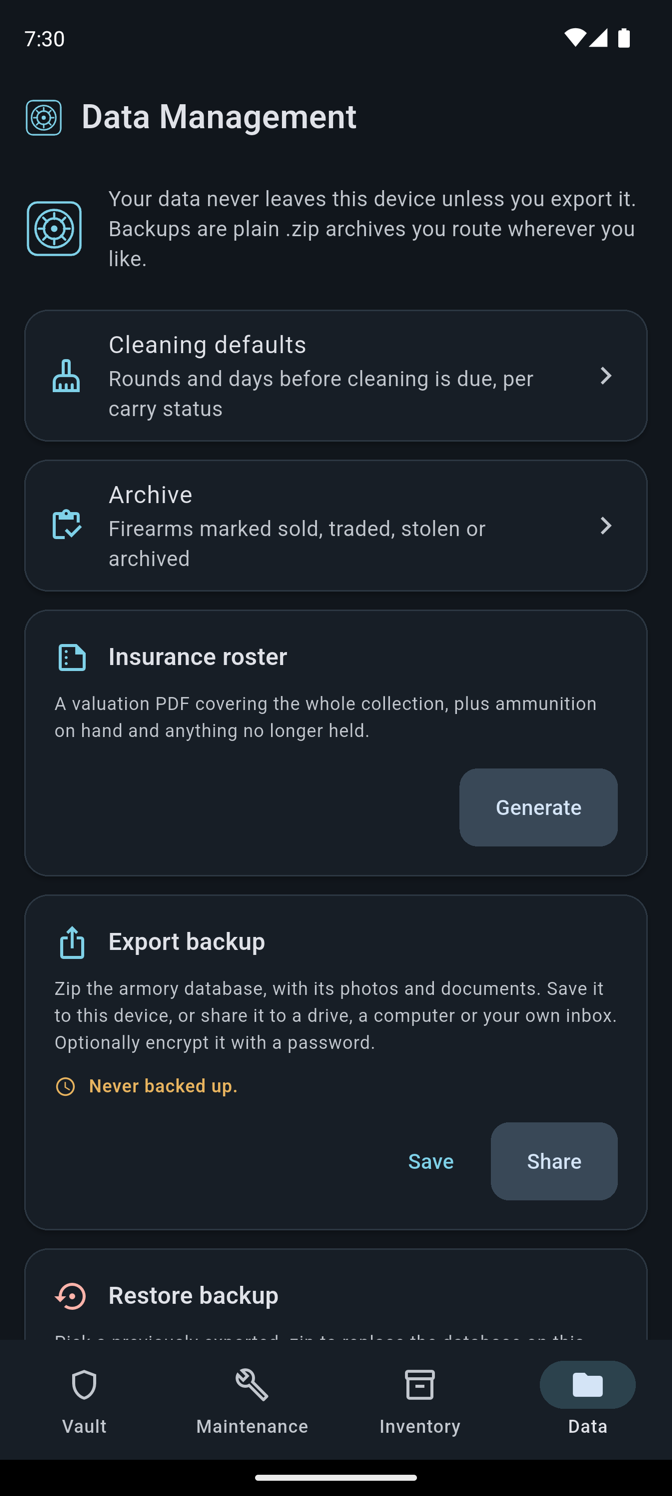 Data Management screen with insurance roster, export backup, and restore backup