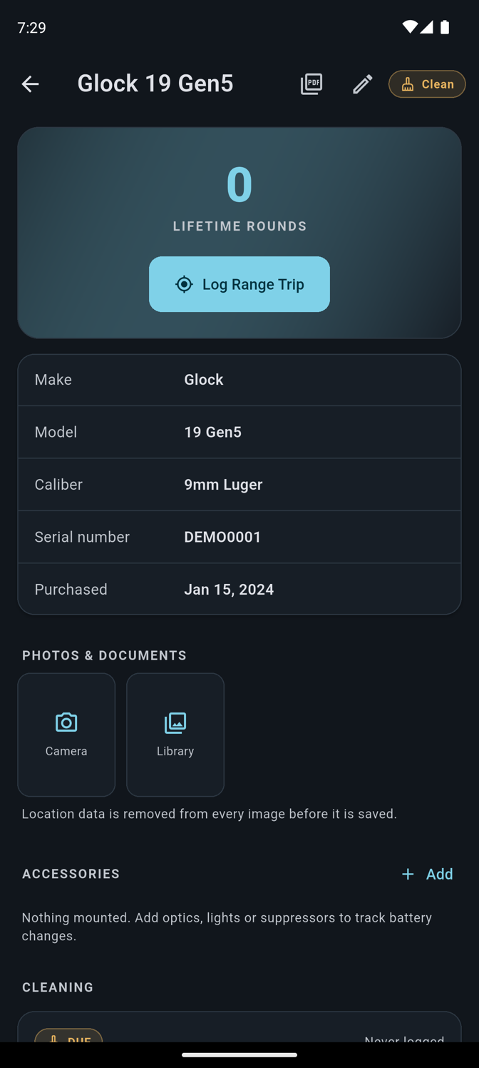 Firearm detail screen showing specs, lifetime rounds, and photo attachments