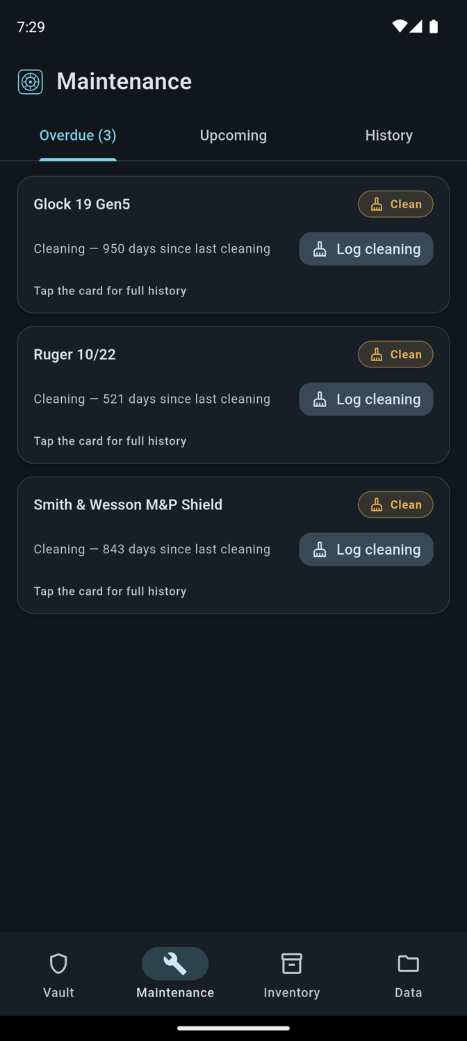 Maintenance screen listing three firearms with overdue cleanings