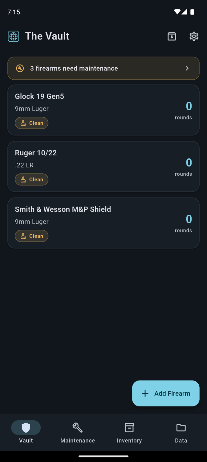 The Vault screen listing three firearms with round counts and cleaning status